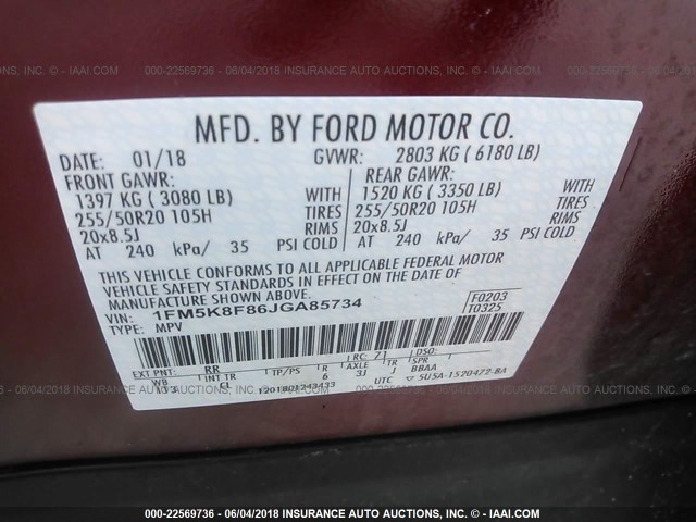 1FM5K8F86JGA85734 - 2018 FORD EXPLORER LIMITED RED photo 9