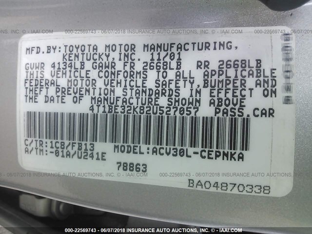 4T1BE32K82U527057 - 2002 TOYOTA CAMRY LE/XLE/SE ვერცხლისფერი ფოტო 9