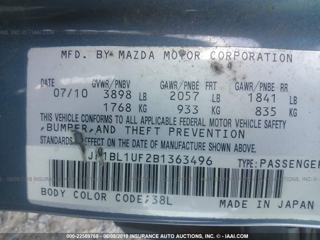 JM1BL1UF2B1363496 - 2011 MAZDA 3 I BLUE photo 9