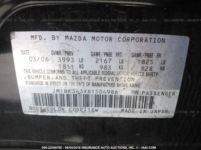 JM1BK343X61504986 - 2006 MAZDA 3 HATCHBACK BLACK photo 9