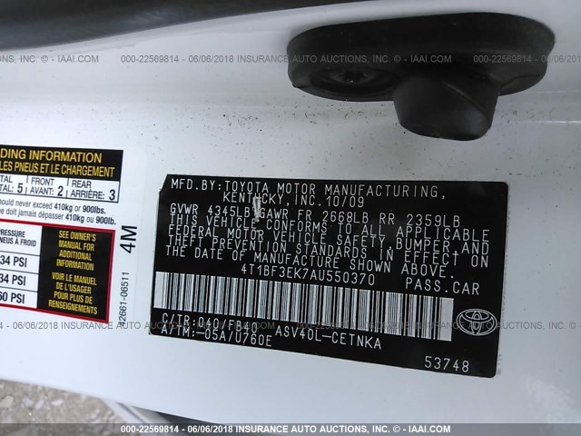 4T1BF3EK7AU550370 - 2010 TOYOTA CAMRY SE/LE/XLE 白色 照片 9