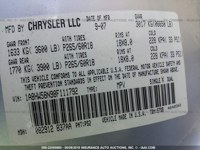 1A8HW58N98F111792 - 2008 CHRYSLER ASPEN LIMITED SILVER photo 9