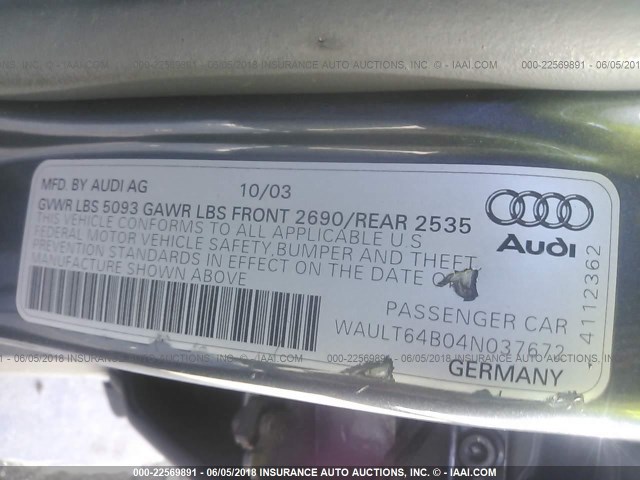 WAULT64B04N037672 - 2004 AUDI A6 3.0 QUATTRO GRAY photo 9