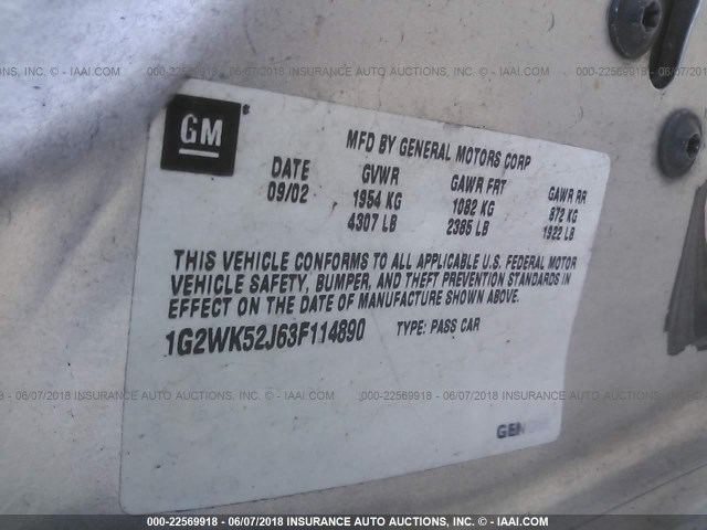 1G2WK52J63F114890 - 2003 PONTIAC GRAND PRIX SE 银色 照片 9