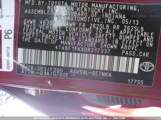 4T4BF1FKXDR317337 - 2013 TOYOTA CAMRY L/SE/LE/XLE 红色 照片 9