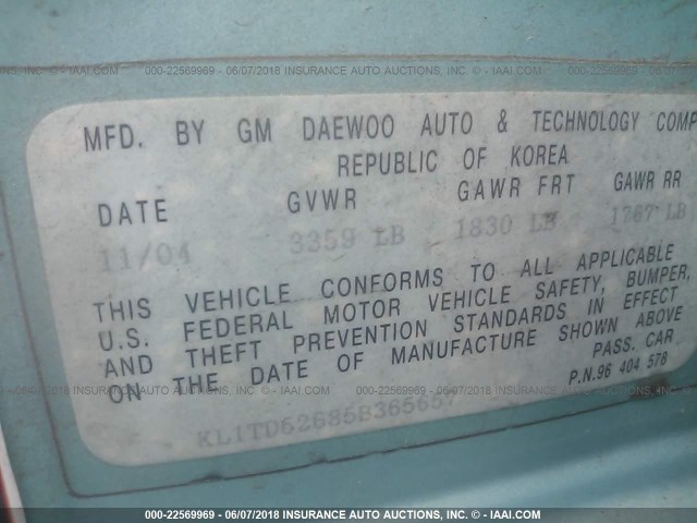 KL1TD52685B365657 - 2005 CHEVROLET AVEO LS TURQUOISE photo 9