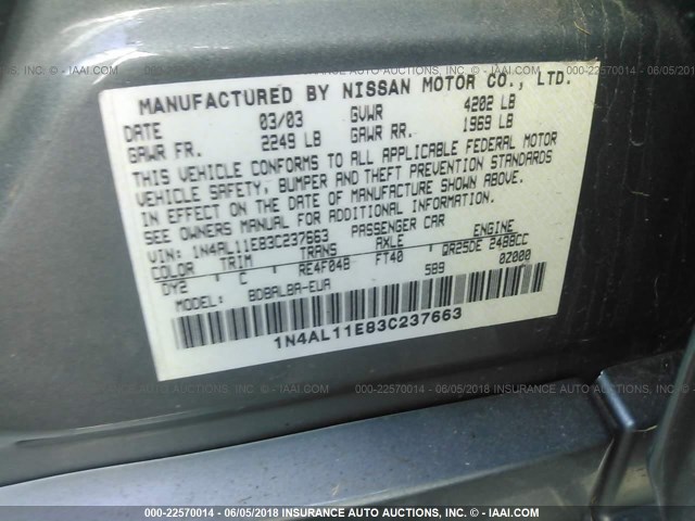 1N4AL11E83C237663 - 2003 NISSAN ALTIMA S/SL GREEN photo 9