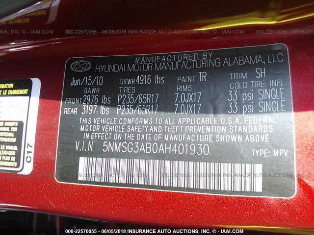 5NMSG3AB0AH401930 - 2010 HYUNDAI SANTA FE GLS RED photo 9