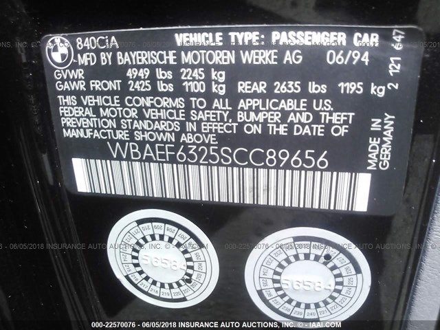 WBAEF6325SCC89656 - 1995 BMW 840 CI AUTOMATIC BLACK photo 9
