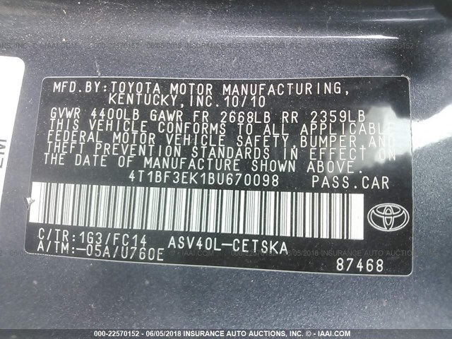 4T1BF3EK1BU670098 - 2011 TOYOTA CAMRY SE/LE/XLE 灰色 照片 9