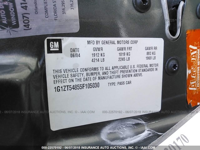 1G1ZT54855F105030 - 2005 CHEVROLET MALIBU LS ნაცრისფერი ფოტო 9