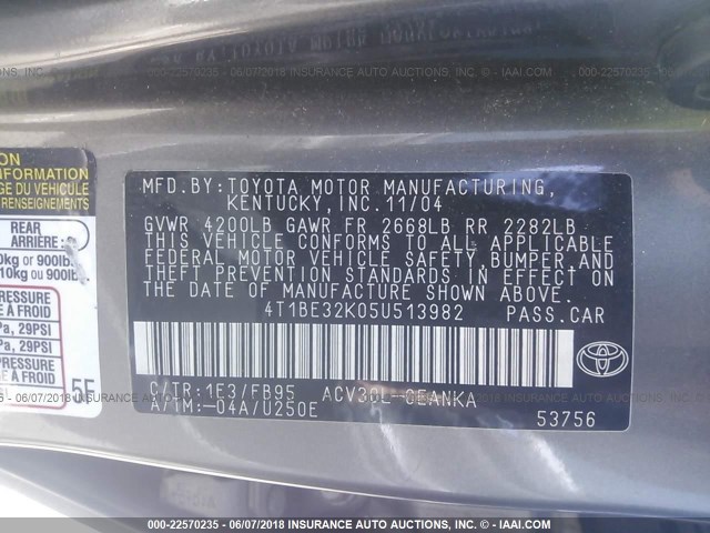 4T1BE32K05U513982 - 2005 TOYOTA CAMRY LE/XLE/SE ნაცრისფერი ფოტო 9