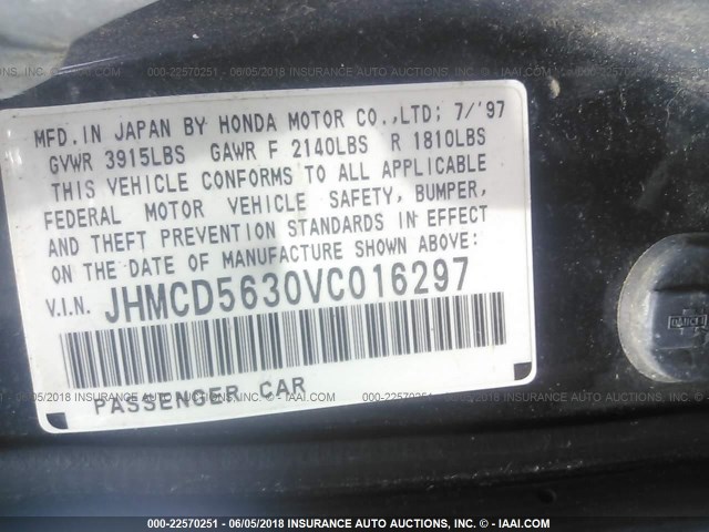 JHMCD5630VC016297 - 1997 HONDA ACCORD LX/EX GRAY photo 9