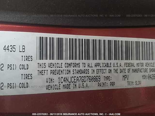 1C4NJCEA7GD760869 - 2016 JEEP COMPASS LATITUDE წითელი ფოტო 9