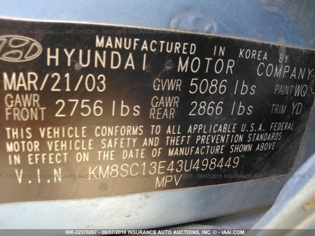 KM8SC13E43U498449 - 2003 HYUNDAI SANTA FE GLS/LX Light Blue photo 9