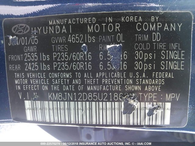 KM8JN12D85U218629 - 2005 HYUNDAI TUCSON GLS/LX BLUE photo 9