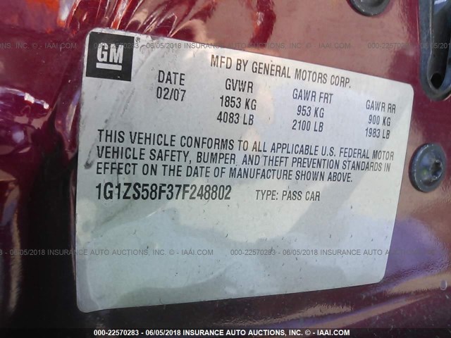 1G1ZS58F37F248802 - 2007 CHEVROLET MALIBU LS RED photo 9
