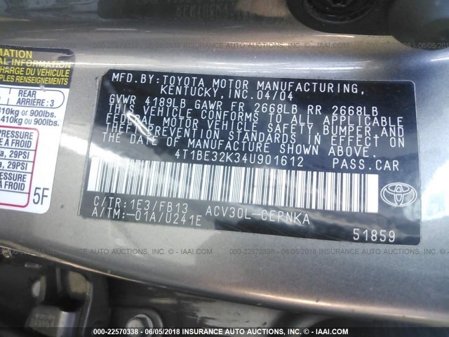 4T1BE32K34U901612 - 2004 TOYOTA CAMRY LE/XLE/SE ნაცრისფერი ფოტო 9