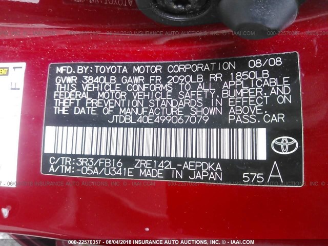 JTDBL40E499067079 - 2009 TOYOTA COROLLA LE/XLE RED photo 9