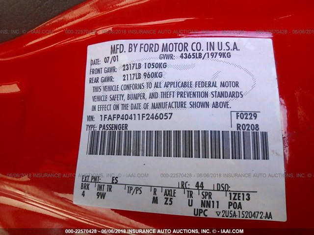 1FAFP40411F246057 - 2001 FORD MUSTANG RED photo 9