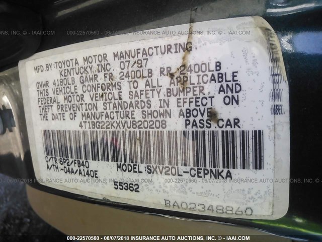 4T1BG22KXVU820208 - 1997 TOYOTA CAMRY CE/LE/XLE 绿色 照片 9