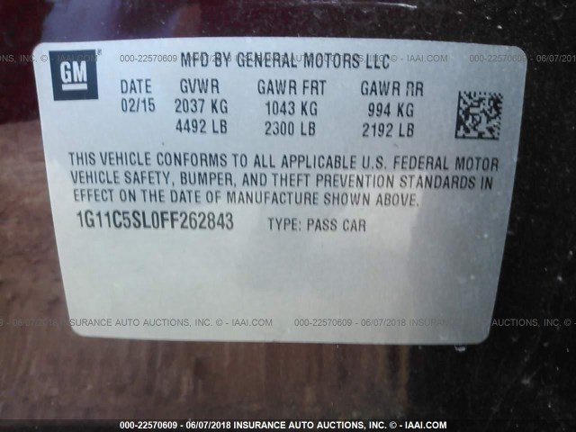 1G11C5SL0FF262843 - 2015 CHEVROLET MALIBU 1LT 栗色 照片 9