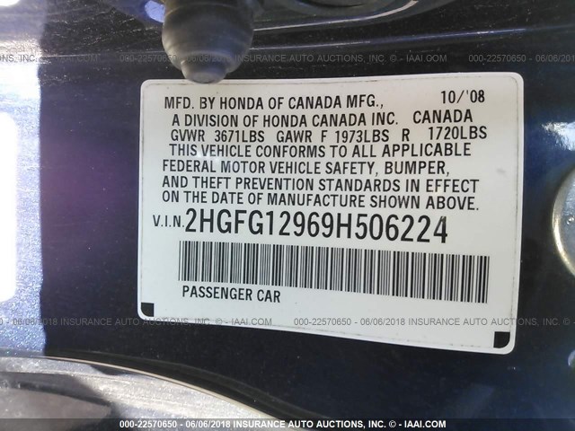 2HGFG12969H506224 - 2009 HONDA CIVIC EXL Tünd mavi foto 9