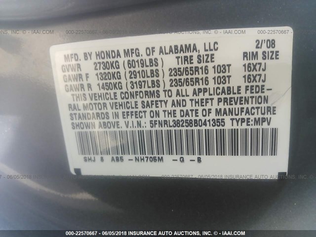 5FNRL38258B041355 - 2008 HONDA ODYSSEY LX GRAY photo 9