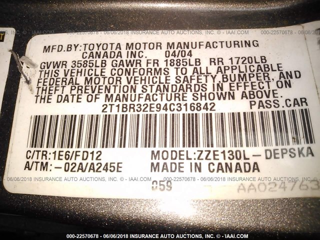 2T1BR32E94C316842 - 2004 TOYOTA COROLLA CE/LE/S GRAY photo 9