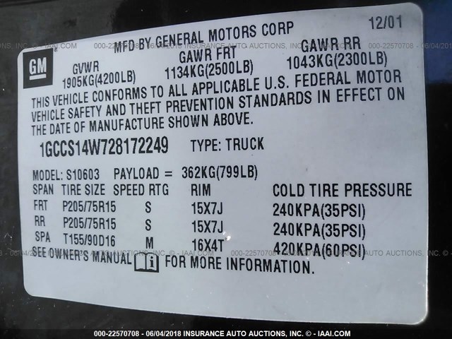 1GCCS14W728172249 - 2002 CHEVROLET S TRUCK S10 BLACK photo 9