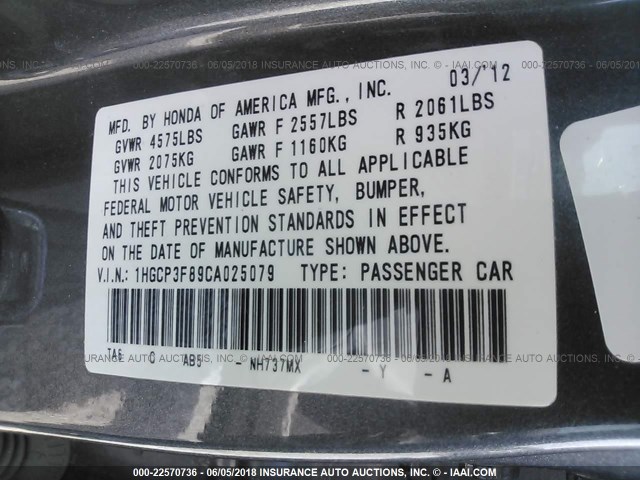 1HGCP3F89CA025079 - 2012 HONDA ACCORD EXL GRAY photo 9