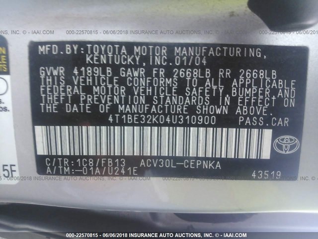 4T1BE32K04U310900 - 2004 TOYOTA CAMRY LE/XLE/SE ვერცხლისფერი ფოტო 9