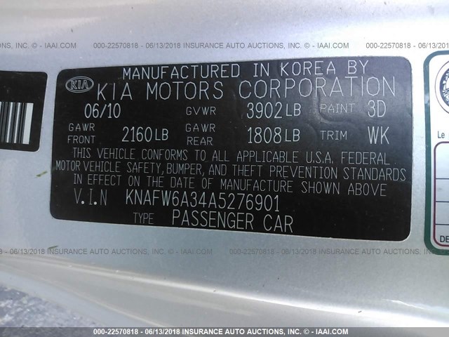 KNAFW6A34A5276901 - 2010 KIA FORTE SX SILVER photo 9