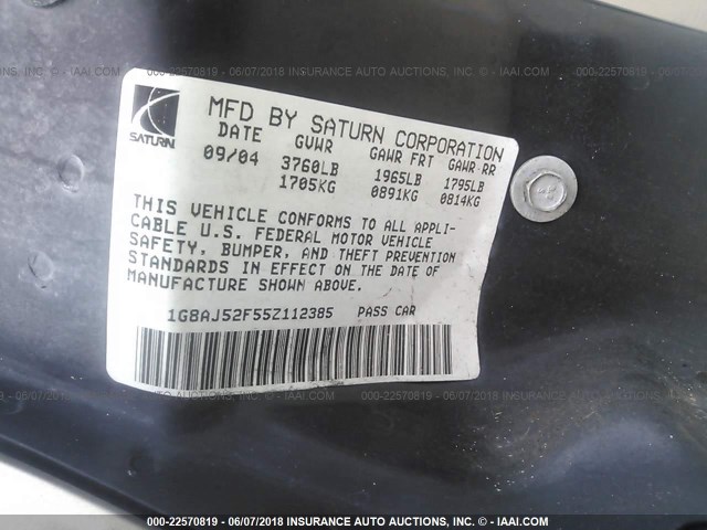 1G8AJ52F55Z112385 - 2005 SATURN ION LEVEL 2 GOLD photo 9