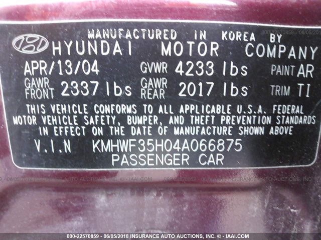 KMHWF35H04A066875 - 2004 HYUNDAI SONATA GLS/LX BURGUNDY photo 9