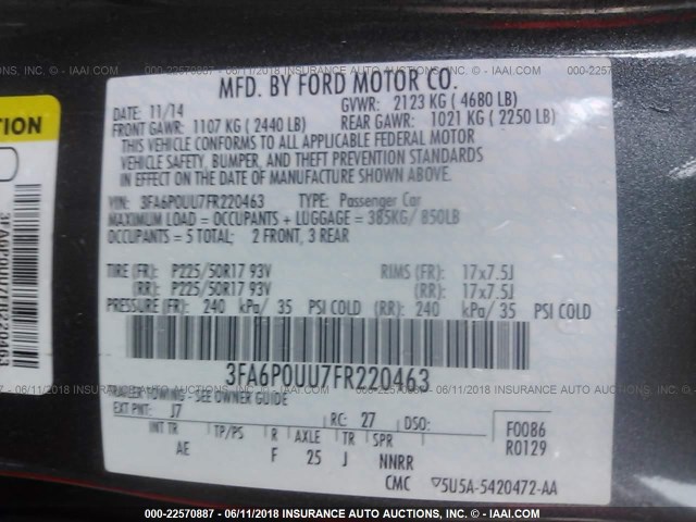 3FA6P0UU7FR220463 - 2015 FORD FUSION S HYBRID GRAY photo 9