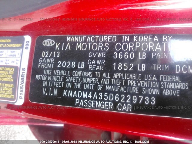 KNADM4A35D6229733 - 2013 KIA RIO LX RED photo 9