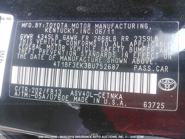 4T1BF3EK3BU752687 - 2011 TOYOTA CAMRY SE/LE/XLE 黑色 照片 9