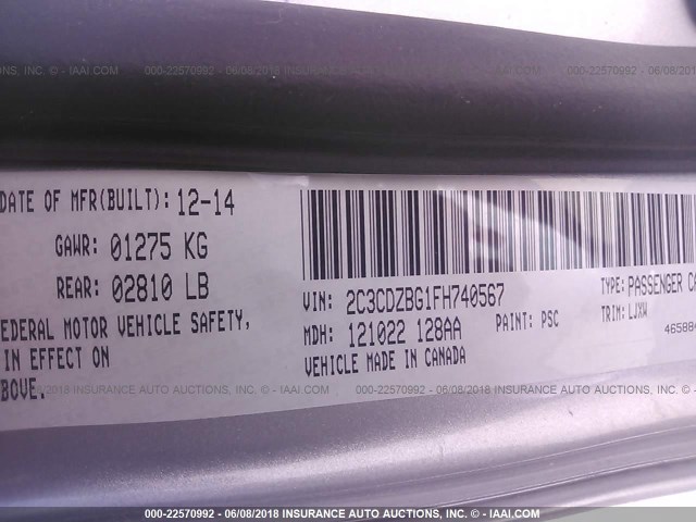 2C3CDZBG1FH740567 - 2015 DODGE CHALLENGER SXT PLUS SILVER photo 9