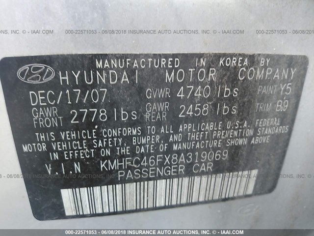 KMHFC46FX8A319069 - 2008 HYUNDAI AZERA SE/LIMITED SILVER photo 9