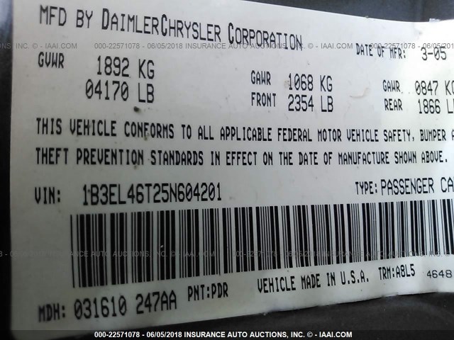 1B3EL46T25N604201 - 2005 DODGE STRATUS SXT GRAY photo 9