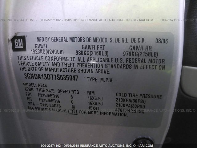 3GNDA13D77S535047 - 2007 CHEVROLET HHR LS SILVER photo 9