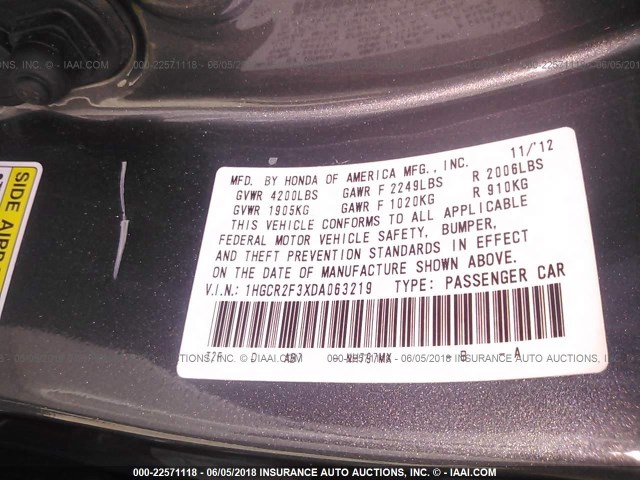 1HGCR2F3XDA063219 - 2013 HONDA ACCORD LX GRAY photo 9