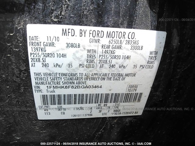 1FMHK8F82BGA03464 - 2011 FORD EXPLORER LIMITED 黑色 照片 9