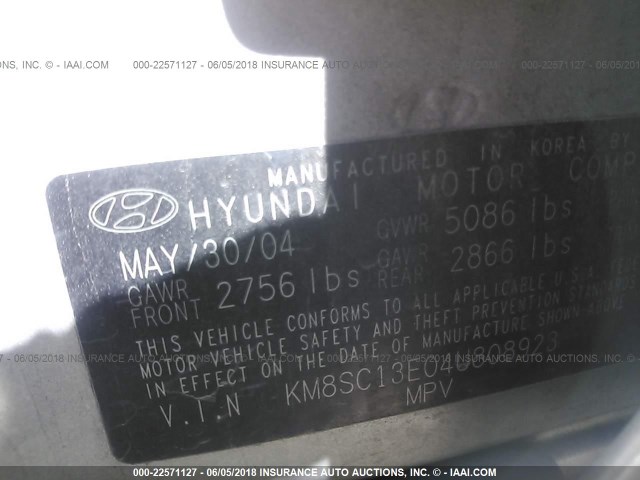 KM8SC13E04U808923 - 2004 HYUNDAI SANTA FE GLS/LX SILVER photo 9