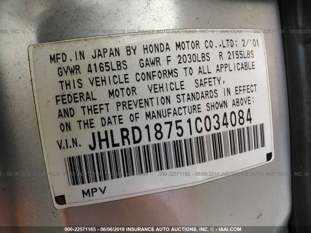 JHLRD18751C034084 - 2001 HONDA CR-V SE/LE SILVER photo 9