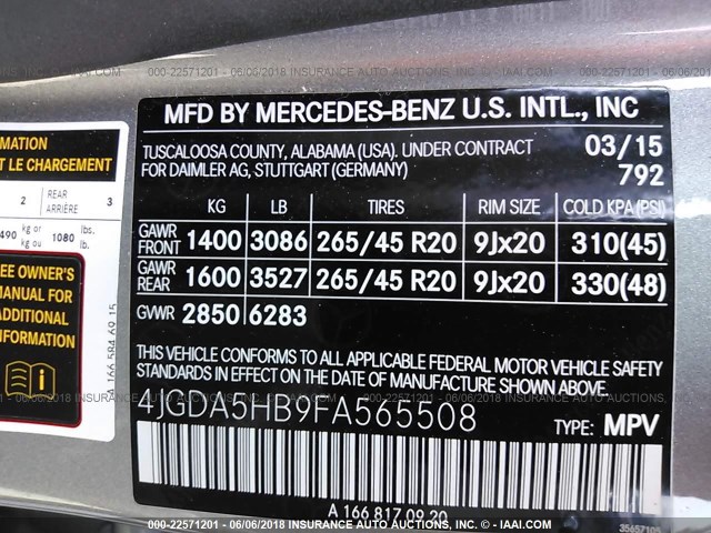 4JGDA5HB9FA565508 - 2015 MERCEDES-BENZ ML 350 4MATIC GRAY photo 9