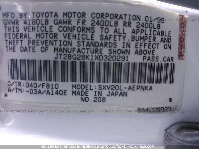 JT2BG28K1X0320291 - 1999 TOYOTA CAMRY LE/XLE WHITE photo 9