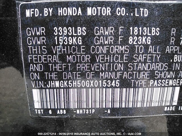 JHMGK5H50GX015345 - 2016 HONDA FIT LX BLACK photo 9