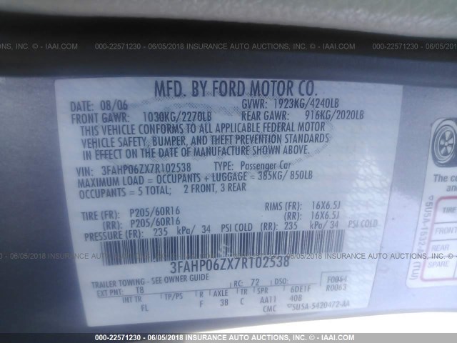 3FAHP06ZX7R102538 - 2007 FORD FUSION S GRAY photo 9